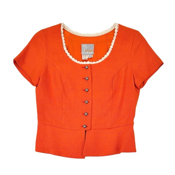 Vintage Tops - European Vintage Kuhnen Modell Orange Linen Crochet Lace Trim Short Sleeve Top